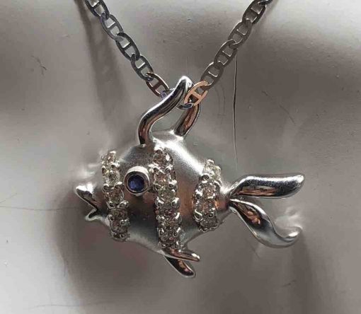 14 KT Brushed White Gold Diamond Fish
