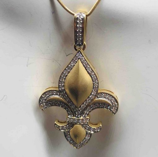 14 KT Brushed Yellow Gold Fleur De Lis With Diamonds
