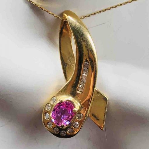 14 KT Yellow Gold Bow Style With Oval Pink Sapphires And Diamonds