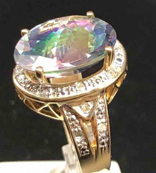 14 KT Yellow Gold Big Oval Caribbean Topaz Surrounded By Diamonds - Image 2