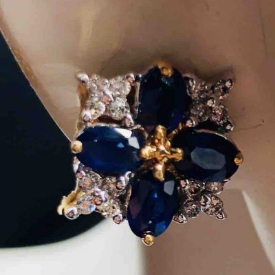 14 KT Yellow Gold 4 Oval Sapphire Flower With Diamonds In Between