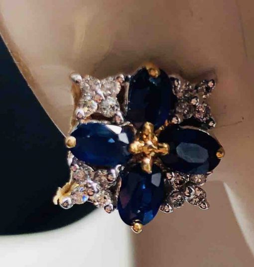 14 KT Yellow Gold 4 Oval Sapphire Flower With Diamonds In Between