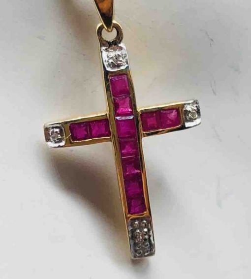 14 KT Yellow Gold Simple Slim Ruby Cross