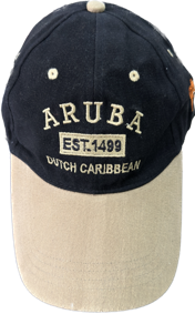 VTG ARUBA EST. 1499 "ONE HAPPY ISLAND" TAN BALL CAP HOOK & LOOP EMBROIDERED RED