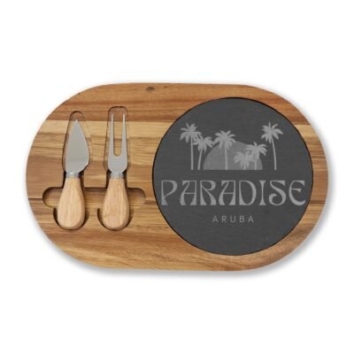 Engraved Acacia Charcuterie Board with Slate Insert — 'Paradise Aruba' Cheese Serving Set