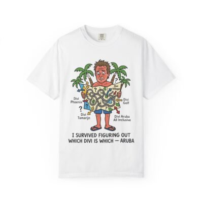 Aruba Vacation T‑Shirt — “I Survived Figuring Out Which DIVI Is Which” Map Graphic